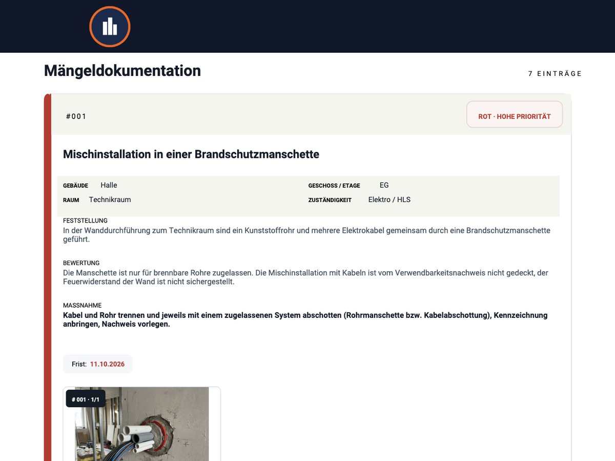 PDF-Bericht mit Mängeldokumentation, Ampel, Frist und Foto