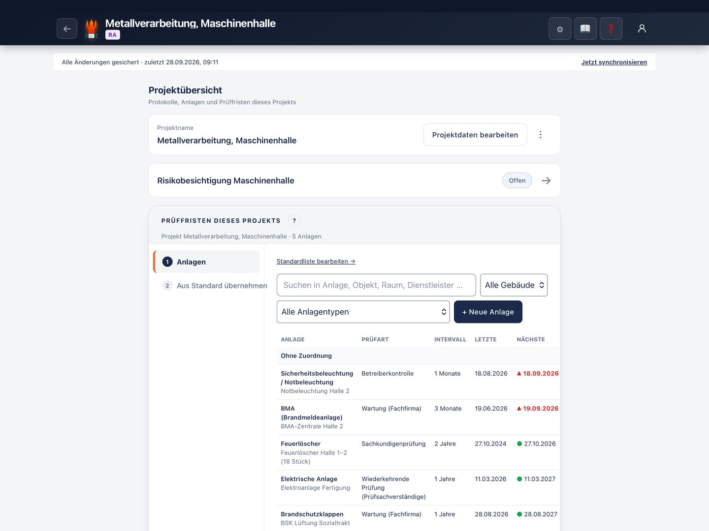 Prüffristen eines Projekts mit Anlagen, Prüfart, Intervall und nächster Fälligkeit