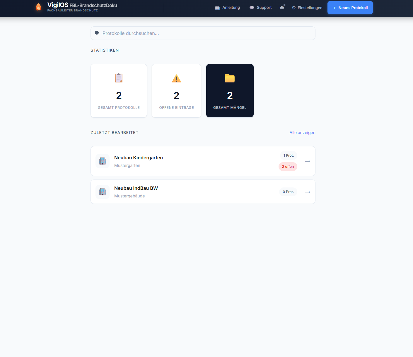 Dashboard mit Projektübersicht, Statistiken und offenen Mängeln